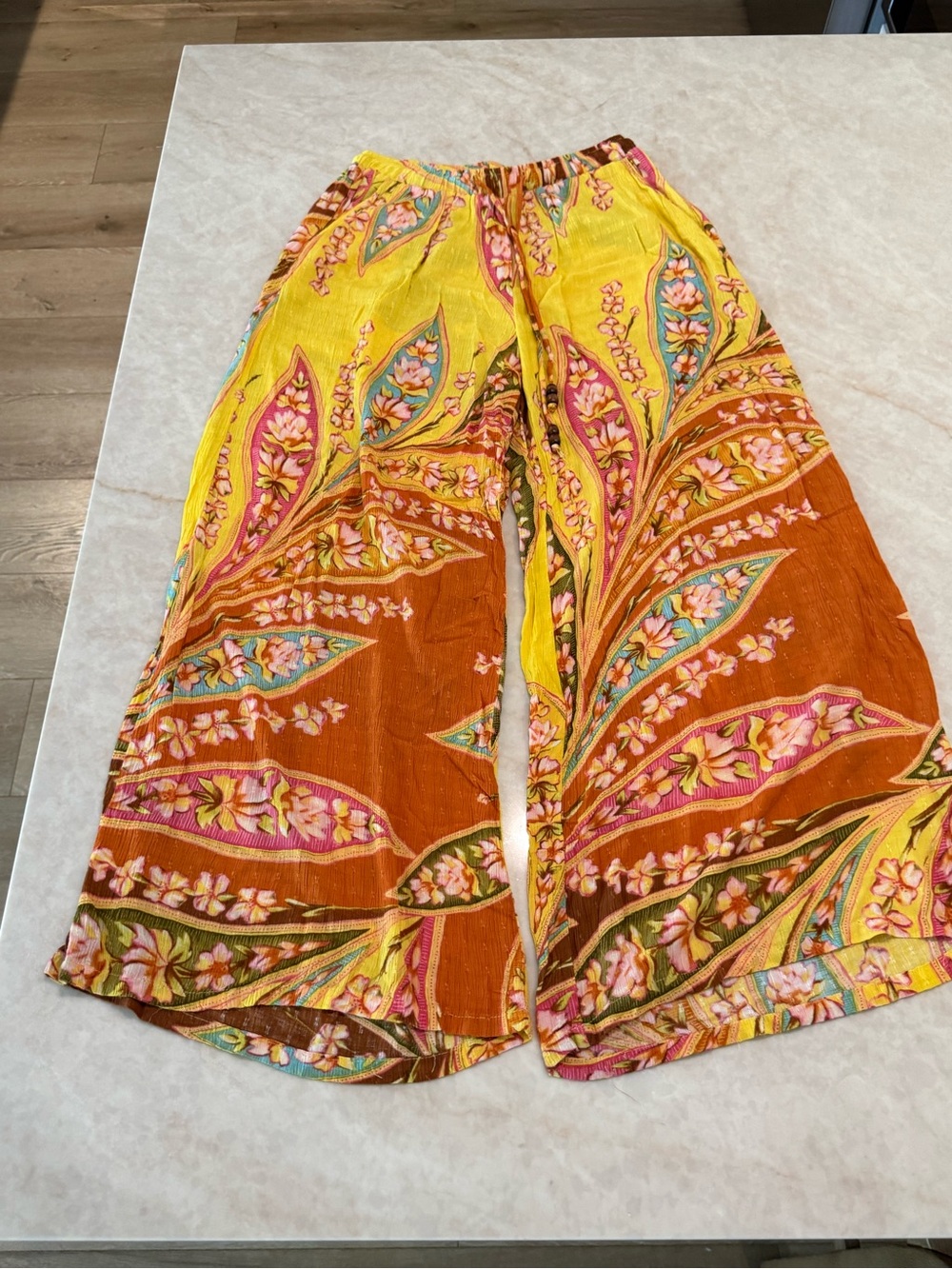 Haute Hippie Yellow, Brown & Pink Paisley Wide-Leg Pants